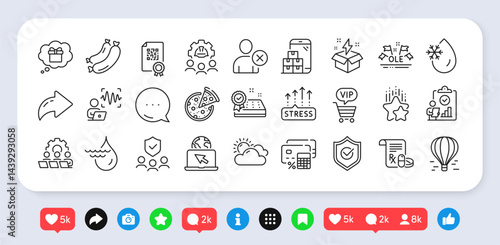Delete user, Mobile inventory and Voice wave line icons pack. Social media: share, comment, like icons. Engineering team, Gift dream, Medical prescription web icon. Vector