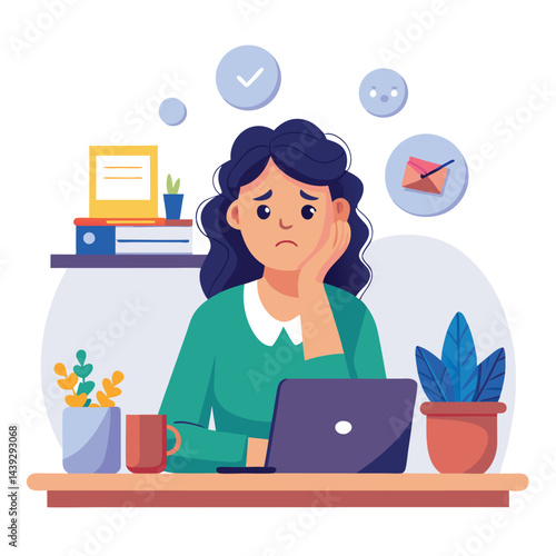 Bored woman sitting at desk. Tired sad office worker. Procrastination, burnout and boredom concept. Depressed upset exhausted lazy student. Flat vector illustration isolated on white background