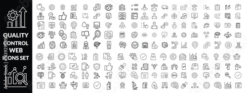Quality control set of web icons in line style. quality check computing icons for web and mobile app. containing inspection, evaluation, production, quality assurance, certificate, testing and more