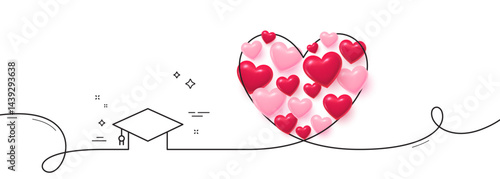 Graduation cap line icon. Continuous line big heart. Education sign. Student hat symbol. 3d hearts in heart shaped loop. Graduation cap single line ribbon. Loop curve pattern. Vector