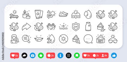 Clean skin, Vitamin h1 and Skin condition line icons pack. Social media: share, comment, like icons. T-shirt, Vitamin n, Sunscreen web icon. Spf protection, Uv protection, Sunglasses pictogram. Vector