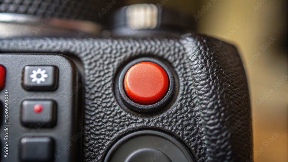 Close up of controls on black textured device with red button and other buttons in production line facility setting