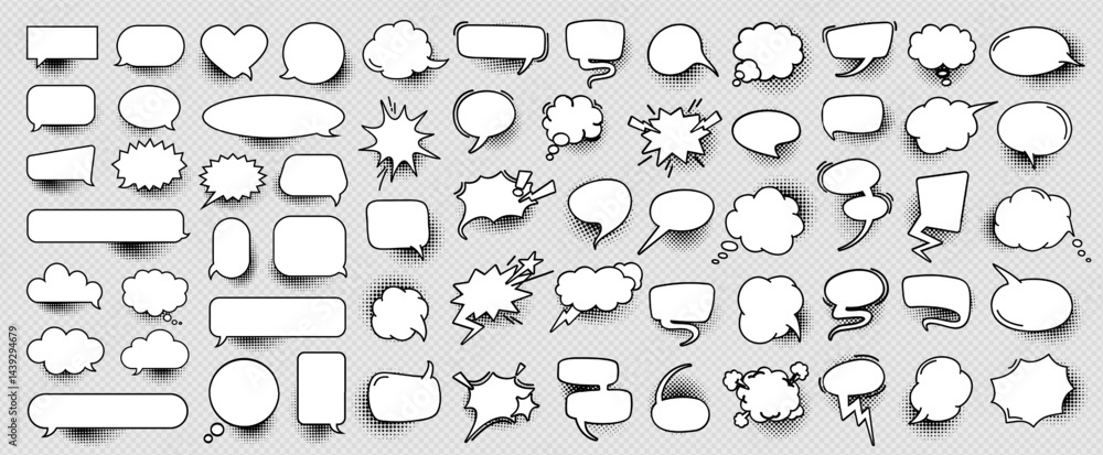Naklejka premium Retro hand drawn set of comic speech bubble, cloud text box and chat message sticker with halftone pattern in pop art cartoon style as business communication symbol. Quote frame or idea balloon icon.