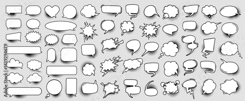Retro hand drawn set of comic speech bubble, cloud text box and chat message sticker with halftone pattern in pop art cartoon style as business communication symbol. Quote frame or idea balloon icon.