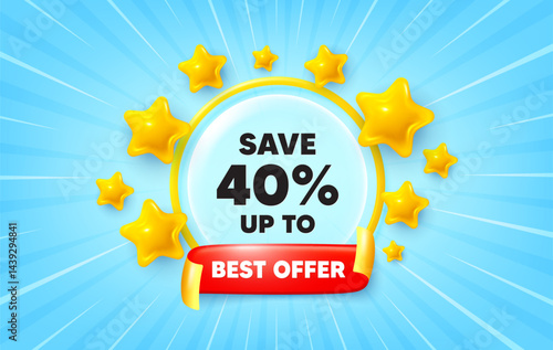 Discount sunburst ray banner. Best offer flag ribbon. Save up to 40 percent. Discount Sale offer price sign. Special offer symbol. 3d stars glitter. Red ribbon tag. Discount offer. Vector