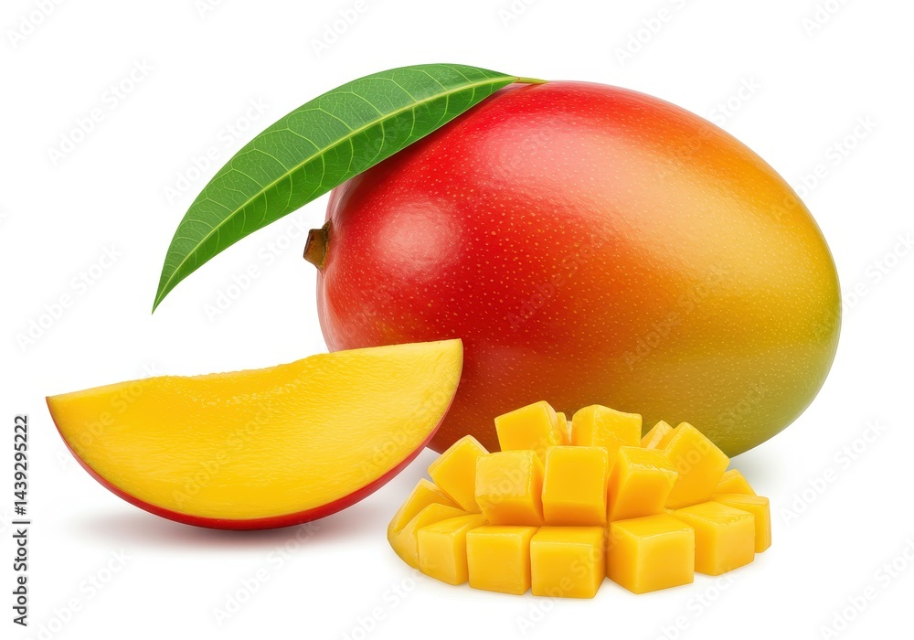 A whole mango with a leaf, a slice, and a pile of cubed mango pieces on a white background surface A whole mango with a leaf, a slice, and a pile of cubed mango pieces on a white background surface