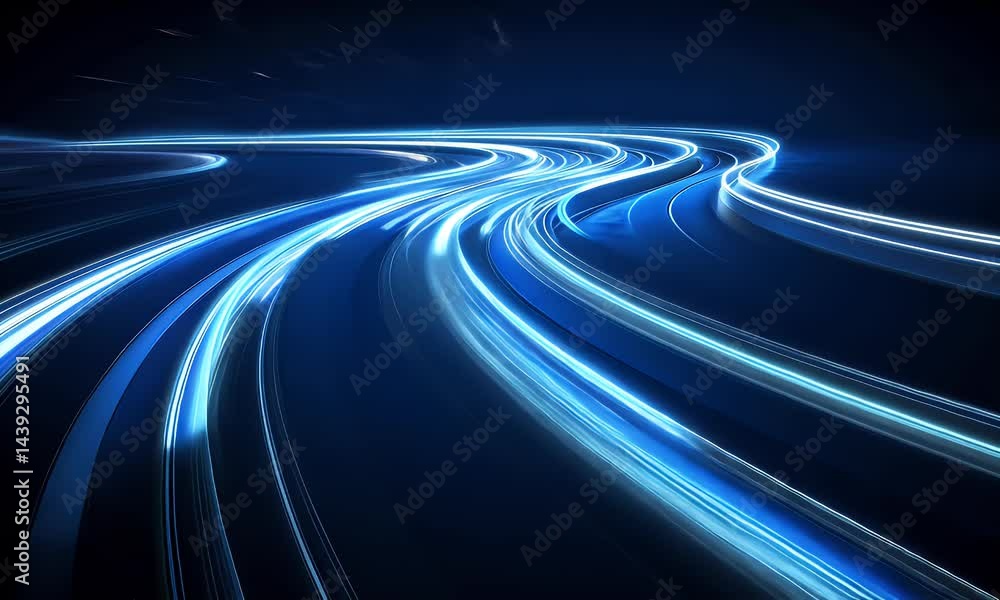 Abstract blue light streaks in the shape of an illuminated road or highway, symbolizing fast digital data transfer and speed on a dark background. Abstract futuristic technology concept. Abstract blue light streaks in the shape of an illuminated road or highway, symbolizing fast digital data transfer and speed on a dark background. Abstract futuristic technology concept.