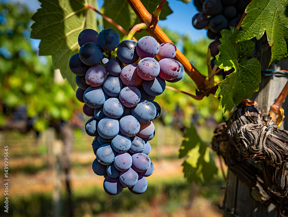 Naklejka premium Grapes hang on Vine with Water Droplets in Vineyard