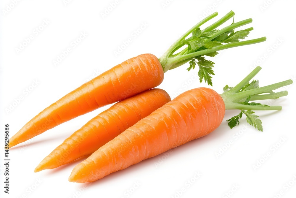 Fresh, vibrant carrots arranged on a white background, showcasing their natural color and texture Fresh, vibrant carrots arranged on a white background, showcasing their natural color and texture
