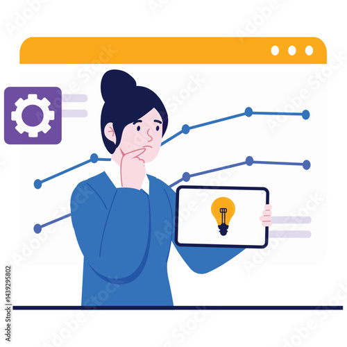 Data Analytics Illustration. Vector illustration of A businesswoman thinking while analyzing ideas and growth charts on a tablet device. Isolated on background