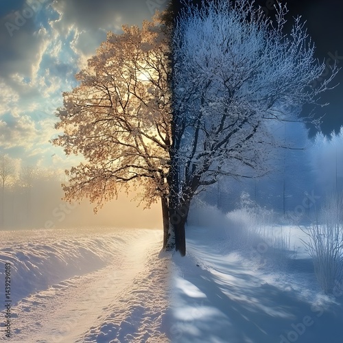 Seasonal transformation tree in winter and summer forest photography nature split view climate change