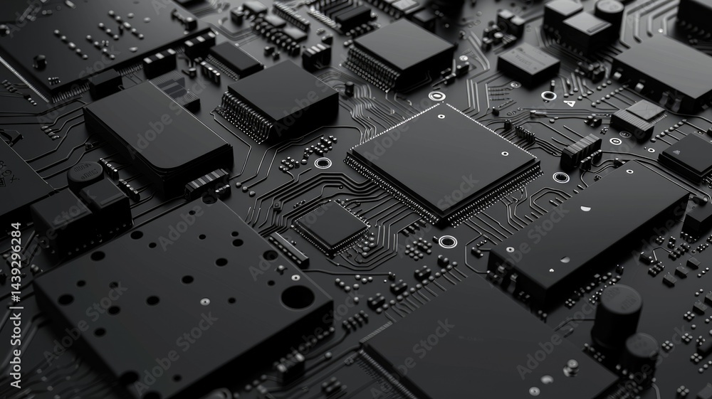 Close up of a circuit board with metallic material. Macro photography of motherboard or microchip or electrical circuit with dark black color glowing neon light. Digital artwork for design. AIG53.
