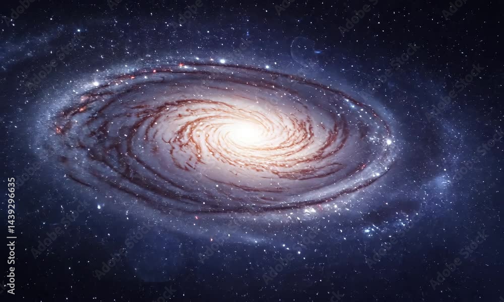 Spiral Galaxy With Swirling Arms And Glowing Core Against A Dark Blue Space Background