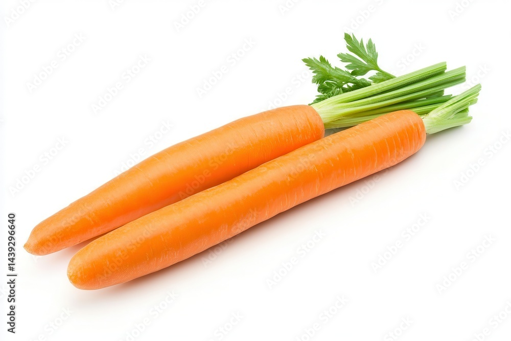 Fresh, vibrant orange carrots with green tops, displayed on a white background Fresh, vibrant orange carrots with green tops, displayed on a white background