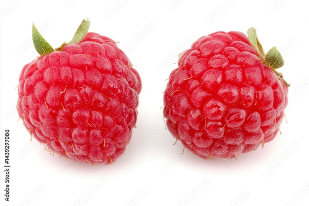 Fresh, vibrant raspberries on a white background, showcasing their natural texture and color Fresh, vibrant raspberries on a white background, showcasing their natural texture and color