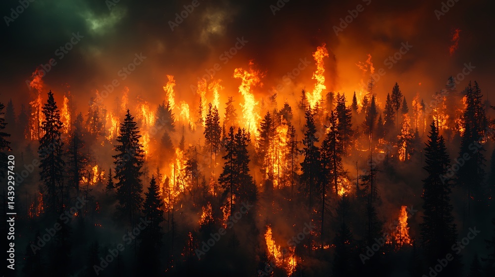 Intense Wildfire Engulfs Forest Landscape with Fiery Flames and Dark Smoke Billowing Skyward Intense Wildfire Engulfs Forest Landscape with Fiery Flames and Dark Smoke Billowing Skyward