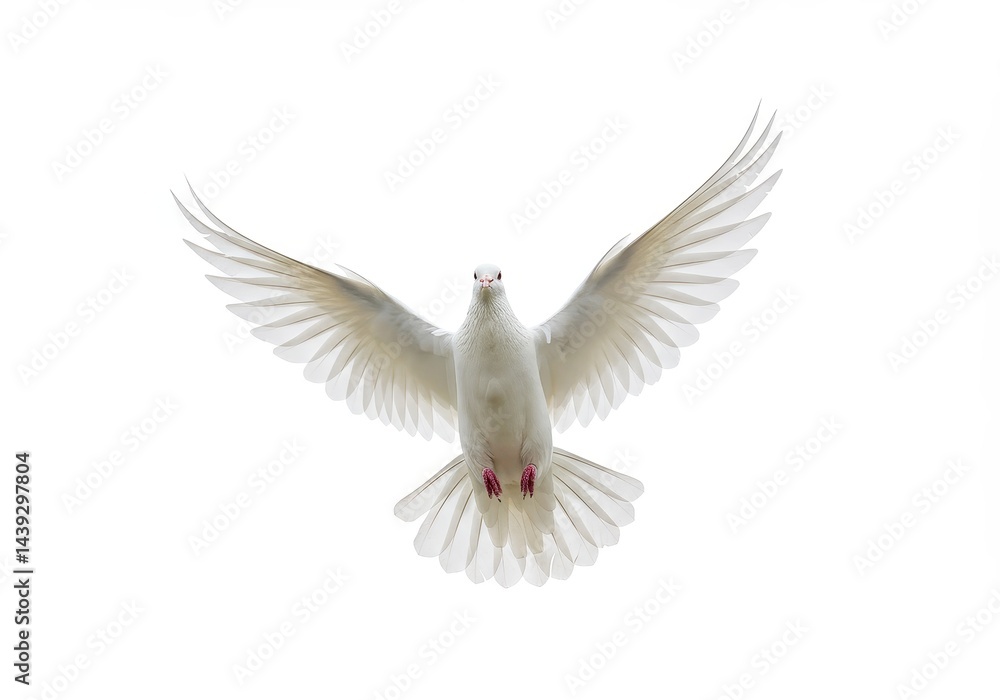 Fototapeta premium A white dove with its wings spread wide open against a bright white background in a full shot view