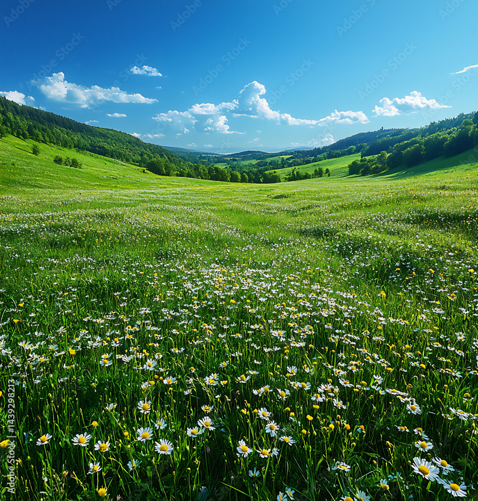 vast meadow stretching under a blue sky, vast meadow stretching under a blue sky,