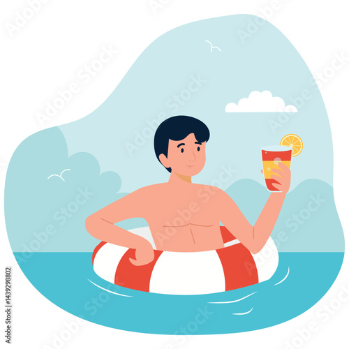 A relaxed man enjoys a refreshing drink while floating in the water on a lifebuoy ring.