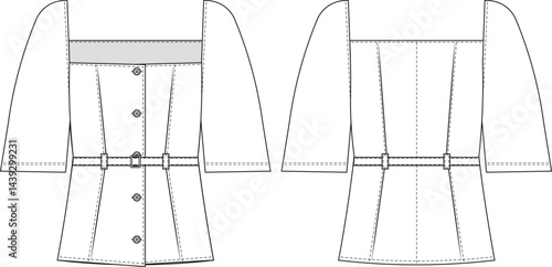kimono bell sleeve short sleeve square neck princess darted belted denim jean buttoned blouse top shirt template technical drawing flat sketch cad mockup fashion woman design style model 
