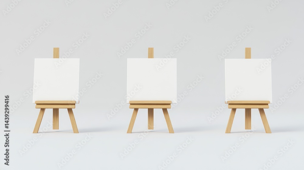 Three blank canvases on wooden easels Three blank canvases on wooden easels