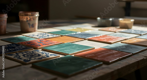 Wallpaper Mural Colorful handmade ceramic tiles on workshop table sunlight craftsmanship art design home decor interior DIY renovation artistic vibrant Torontodigital.ca