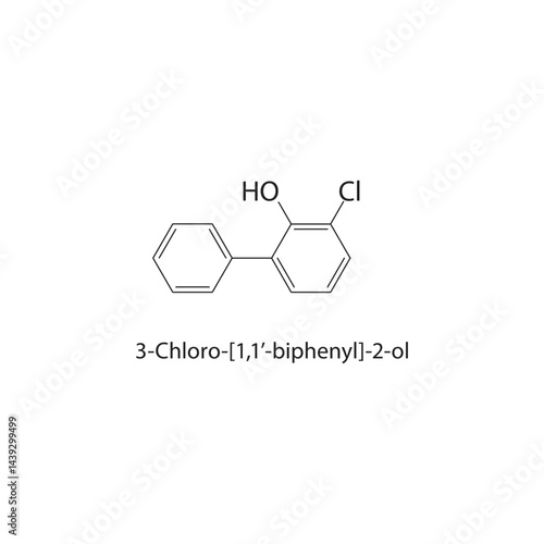 3-Chloro-[1,1’-biphenyl]-2-ol skeletal structure. Phenol compound schematic illustration. Simple diagram, chemical formula.