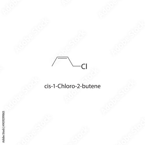 cis-1-Chloro-2-butene skeletal structure. Chlorinated Alkene compound schematic illustration. Simple diagram, chemical formula.