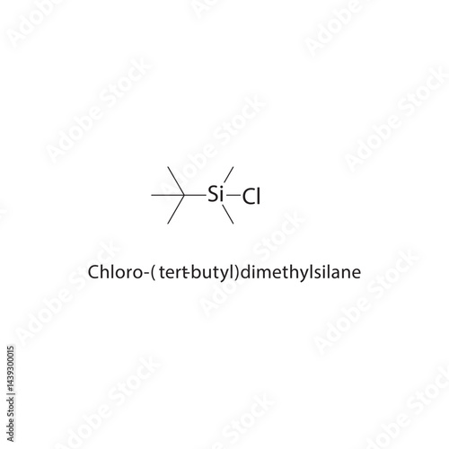 Chloro-(tert-butyl)-dimethylsilane skeletal structure. Chlorinated Organosilane compound schematic illustration. Simple diagram, chemical formula.