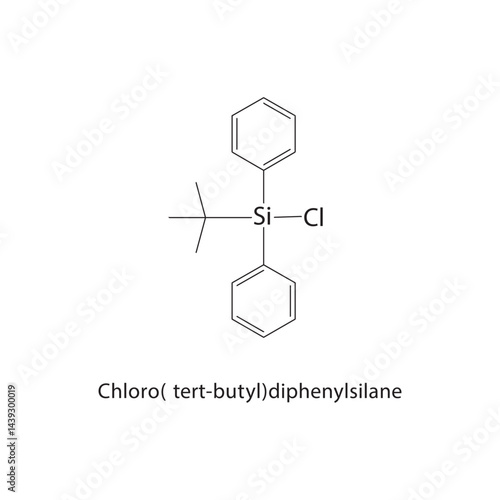 Chloro(tert-butyl)-diphenylsilane skeletal structure. Chlorinated Organosilane compound schematic illustration. Simple diagram, chemical formula.