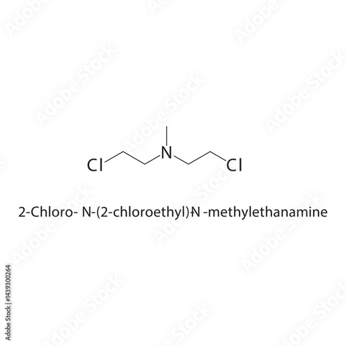 2-Chloro-N-(2-chloroethyl)-N-methylethanamine skeletal structure. Chlorinated Amine compound schematic illustration. Simple diagram, chemical formula.