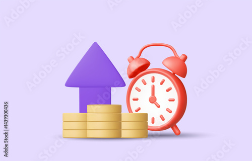 3D illustration vector render icon of stack of coins, up arrow and alarm clock. Concept of financial growth, income increase, investment timing, profit alert, business revenue boost.