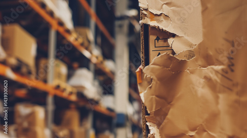 Close-Up of a Torn Shipping Label on a Cardboard Box with Blurred Warehouse Shelves in the Background, Symbolizing Order Cancellations, Logistics Errors, and Failed Deliveries in E-Commerce Business