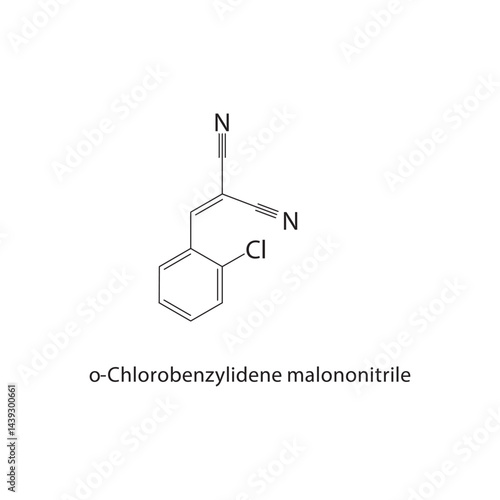 o-Chlorobenzylidene malononitrile skeletal structure. Nitrile compound schematic illustration. Simple diagram, chemical formula.
