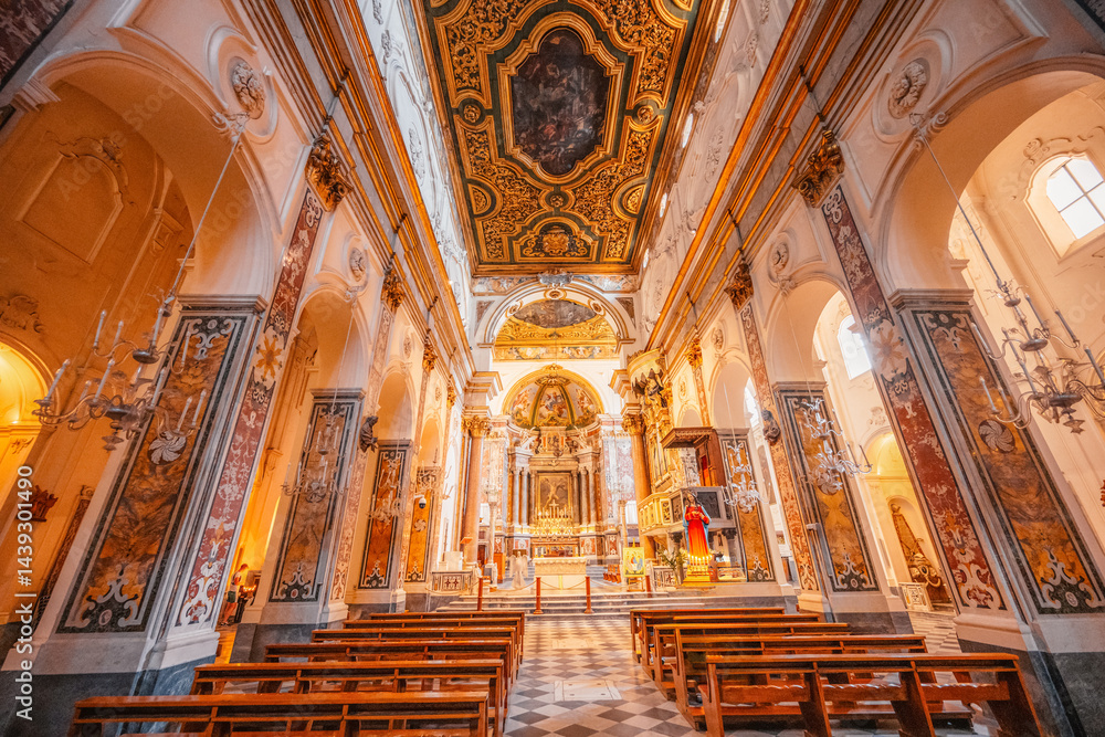Fototapeta premium Amalfi Cathedral bell tower in Amalfi coast in Italy. The church of the Apostle Saint Andrew in the Piazza del Duomo in amalfi city