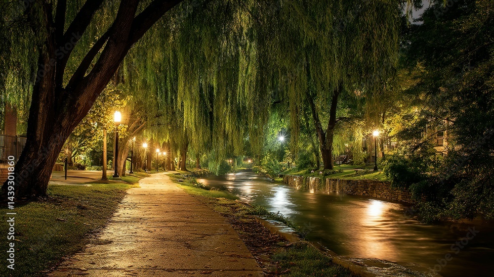 Obraz premium Nighttime path along a tranquil, illuminated stream in a park.