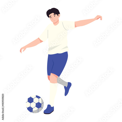 A male soccer player prepares to pass the ball with balance and focus.