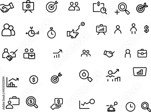 Success set of web icons in line style. Successful business development linear icon collection. Containing achievement, successful, strategy, winner, teamwork, goal, brainstorm. Editable stroke