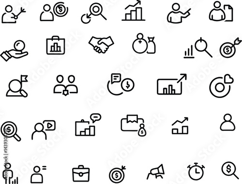 Success set of web icons in line style. Successful business development linear icon collection. Containing achievement, successful, strategy, winner, teamwork, goal, brainstorm. Editable stroke