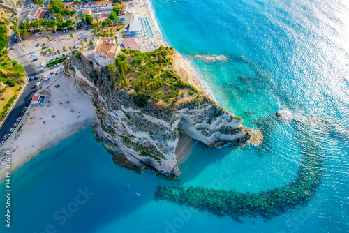 Tropea, Calabria, Italy. Church of Santa Maria dell'Isola. Monastery and coastline with azure crystal-clear water