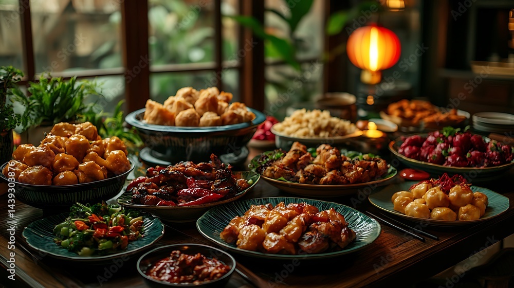 Vibrant Display of Asian Cuisine with Various Dishes Surrounded by Greenery and Warm Lighting Vibrant Display of Asian Cuisine with Various Dishes Surrounded by Greenery and Warm Lighting