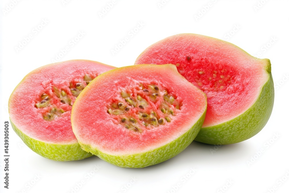 Freshly sliced guava pieces showcasing vibrant pink flesh and green skin on white background Freshly sliced guava pieces showcasing vibrant pink flesh and green skin on white background