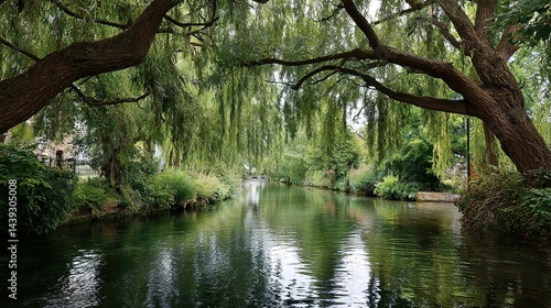 Lush waterway framed by towering, weeping willows.