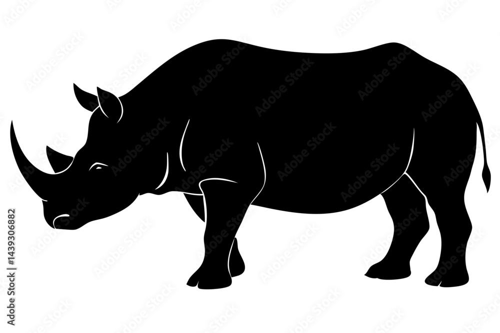 Fototapeta premium Striking black silhouette of a rhinoceros on a white background, rhinoceros, rhino, silhouette, black, white, animal, wildlife, mammal, african, graphic, illustration, vector, art, design, nature