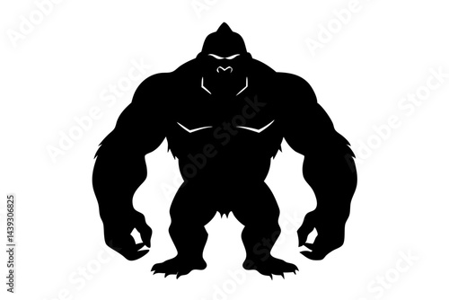 Silhouette illustration of a powerful gorilla squatting with intense gaze on a white background, gorilla, ape, mammal, primate, wildlife, animal, silhouette, black, vector, illustration, strong, power