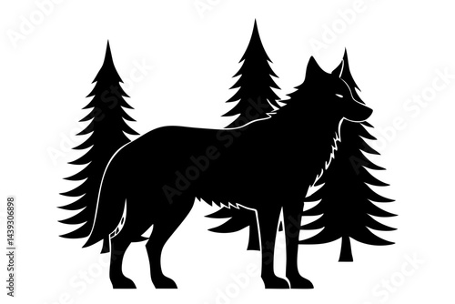 Black silhouette of wolf standing in forest with pine trees graphic, wolf, silhouette, forest, tree, pine tree, animal, wildlife, nature, mammal, predator, woods, evergreen, coniferous, symbol