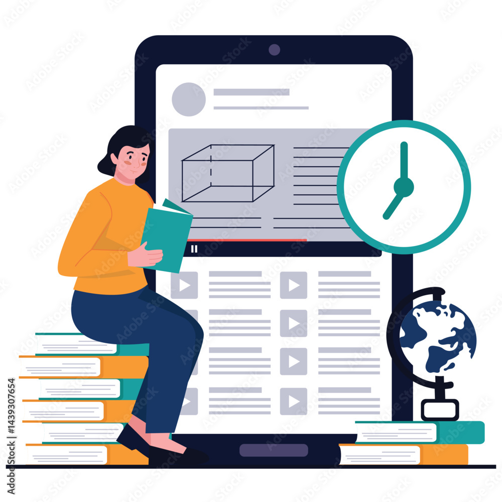 Online Education Illustration. Vector illustration of A girl studies independently with a large tablet showing a learning video, surrounded by books and a clock. Isolated on background Online Education Illustration. Vector illustration of A girl studies independently with a large tablet showing a learning video, surrounded by books and a clock. Isolated on background