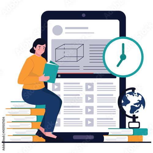 Online Education Illustration. Vector illustration of A girl studies independently with a large tablet showing a learning video, surrounded by books and a clock. Isolated on background