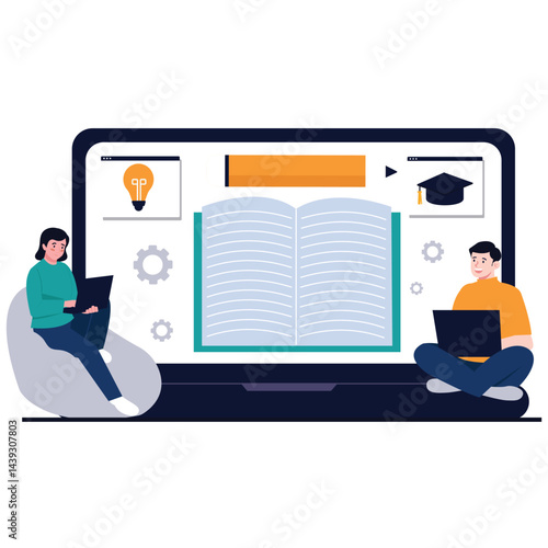 Online Education Illustration. Vector illustration of Two students learn together via a giant laptop screen displaying a digital book, symbolizing interactive education. Isolated on background