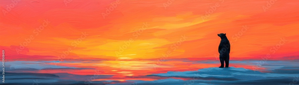 Fototapeta premium A solitary bear silhouetted against a vibrant sunset over a tranquil ocean.